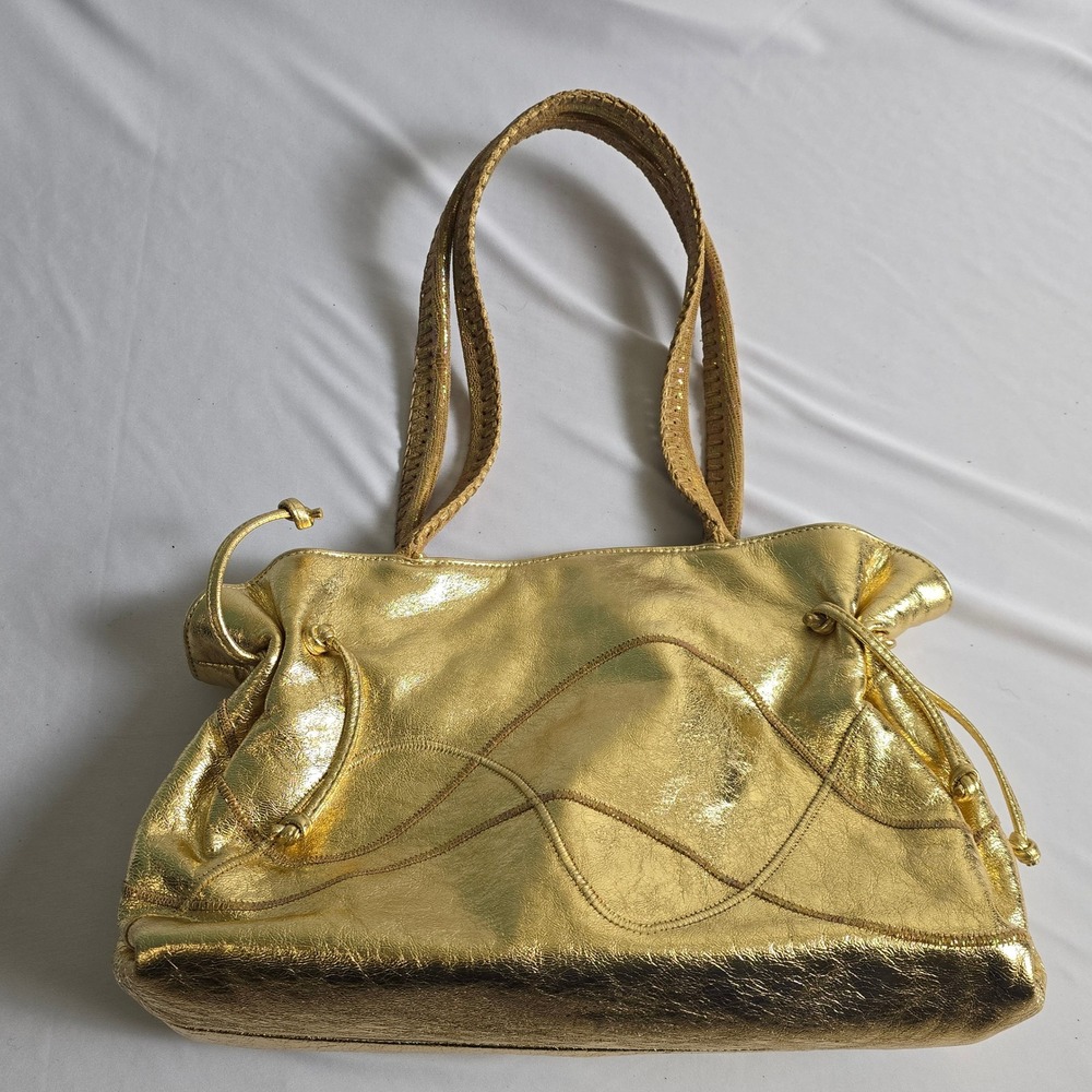 Carlos Falchi Fatto a Mano Metallic Gold Leather Shoulder Bag Turquoise Lining
